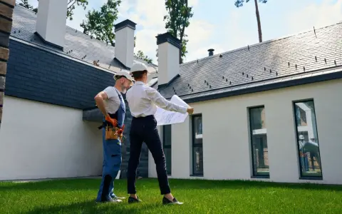 Architekt i budowlaniec omawiają plany domu. Czy można mieszkać w domu bez odbioru? To pytanie, na które odpowiedź znajdą, analizując projekt.