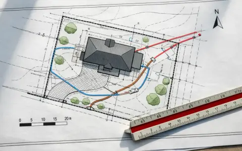 Projekt zagospodarowania terenu z domem, drzewami i zaznaczonymi instalacjami. Skala i linijka wskazują na precyzyjne planowanie.