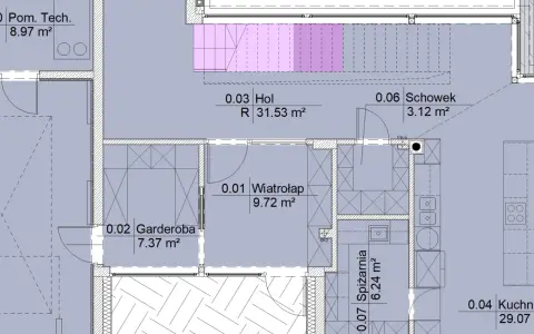 Plan domu z zaznaczonymi pomieszczeniami: hol, garderoba, wiatrołap, spiżarnia, kuchnia, schowek i pomieszczenie techniczne. Całkowita powierzchnia użytkowa domu jest widoczna na planie.