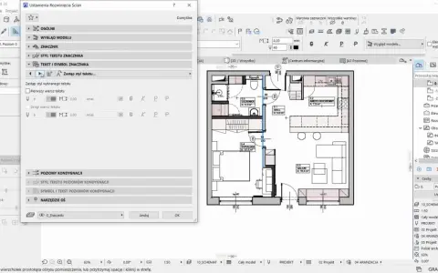 Program do projektowania domu Archicad, z widokiem planu mieszkania i panelami ustawień tekstu i symboli.