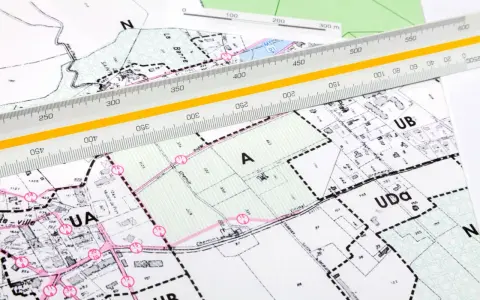 Plan zagospodarowania przestrzennego z naniesionymi strefami i podziałami. Linijka geodezyjna pomaga w precyzyjnym pomiarze.