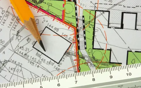 Ołówek i linijka na mapie geodezyjnej. Plan działki z wymiarami, pomocny, jak znaleźć działkę po numerze.