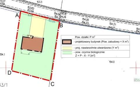 Plan sytuacyjny z zaznaczonym projektowanym budynkiem i legendą, wskazujący na przeniesienie warunków zabudowy.