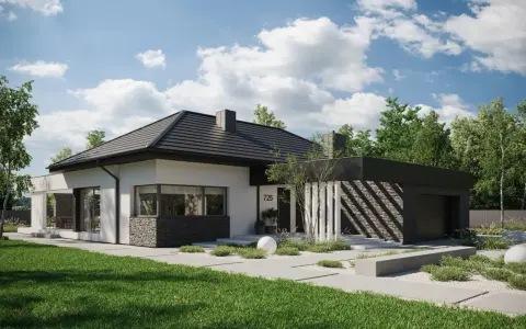 Nowoczesne projekty domów parterowych z poddaszem, z kamienną elewacją i dużymi przeszkleniami, otoczone zielenią.