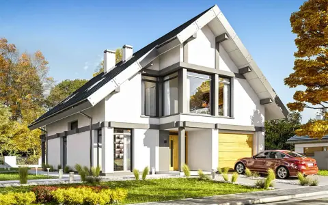 Nowoczesny dom z poddaszem do adaptacji, z dużymi oknami i garażem. Otoczony zielenią i jesiennymi drzewami.
