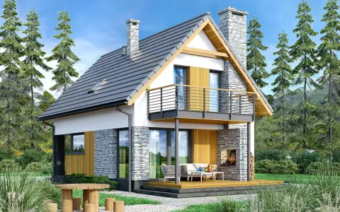 Nowoczesny projekt domu 70m2 z kamiennymi akcentami i drewnianym tarasem. Idealny na wypoczynek wśród zieleni.