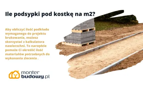 Słuchy beton pod kostkę proporcje: stosy kostki brukowej na paletach, przygotowany podkład piaskowy i obrzeża.