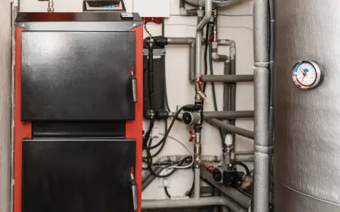 Kotłownia z piecem i skomplikowaną instalacją hydrauliczną. Widoczna wentylacja w kotłowni zapewnia prawidłowe działanie systemu.