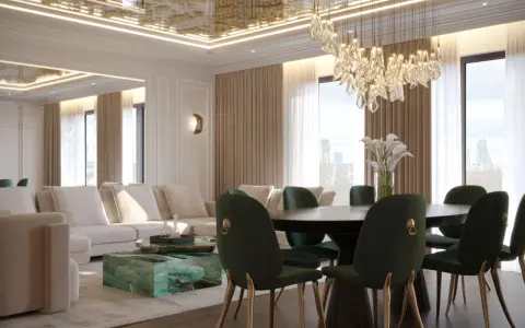 Elegancki salon z sofą i stołem, ale **sufit napinany wady** mogą być widoczne przy bliższym spojrzeniu na odbicia.