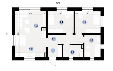 Projekt domu 70m2 parterowy. Rzut parteru z salonem, kuchnią, 3 sypialniami, łazienką i przedpokojem.