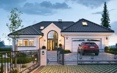 Elegancki dom dworek projekt z podjazdem, garażem i czerwonym Audi. Piękny ogród i kuta brama dodają uroku.