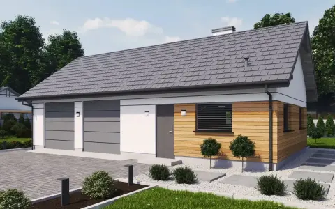 Nowoczesny projekt budynku gospodarczego z dwoma garażami, drewnianą elewacją i zadbanym ogrodem.