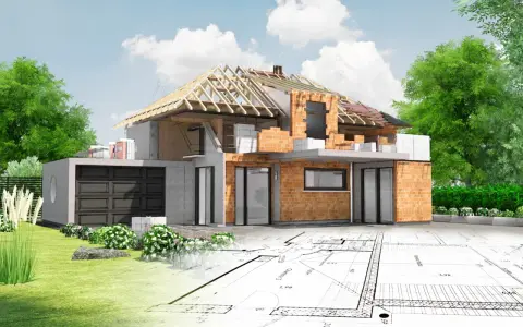 Wizualizacja domu w budowie na tle planów architektonicznych. Poznaj kupno działki krok po kroku.