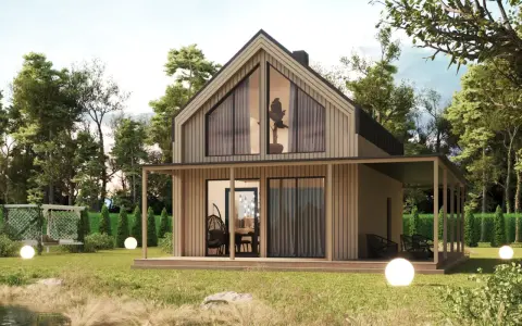 Nowoczesny dom szkieletowy 70m2 projekt w otoczeniu drzew. Jasna elewacja, duże okna, zadaszony taras.