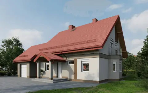 Nowoczesny dom z ceglastym dachem i szarą elewacją, otoczony zielenią.