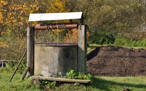 Stary, betonowy krąg studni kręgowej z drewnianą konstrukcją i korbą. W tle jesienne drzewa i kopiec ziemi.