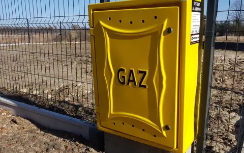 Żółta skrzynka gazowa z napisem "GAZ" przy ogrodzeniu. To element przyłącza gazu od skrzynki do domu.