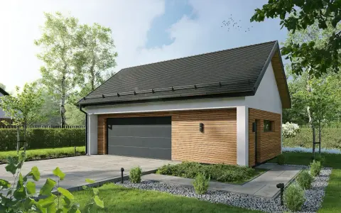 Nowoczesny budynek gospodarczy projekt 35m2 z drewnianą elewacją i dużym garażem. Otoczony zielenią, z podjazdem i ścieżką.