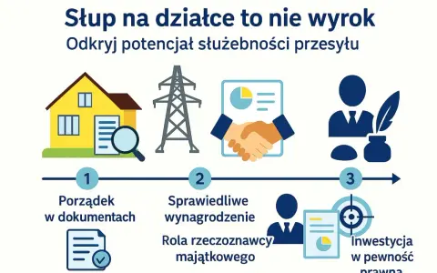 Jak ustalić, ile żądać za służebność przesyłu? Ilustracja pokazuje kroki: porządek w dokumentach, sprawiedliwe wynagrodzenie z rzeczoznawcą i inwestycja w pewność prawną.