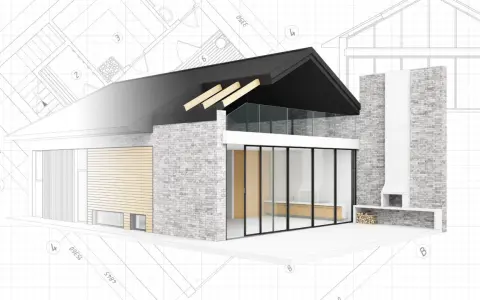 Nowoczesny dom z kamienia i drewna, z dużymi przeszkleniami, na tle planów architektonicznych. Zmiany nieistotne prawo budowlane.
