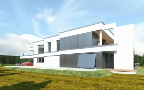 Nowoczesne projekty bliźniaków do 100m2. Biały dom z szarymi panelami, czerwony samochód pod wiatą.