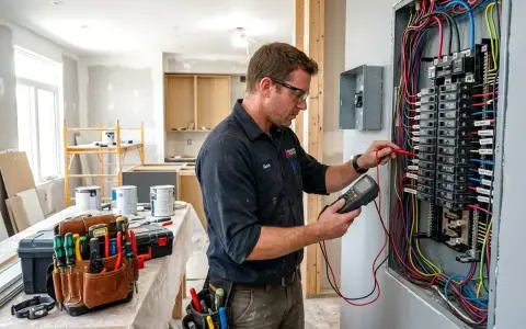Elektryk sprawdza okablowanie panelu elektrycznego, przygotowując instalację inteligentny dom. Narzędzia i puszki elektryczne w pobliżu.