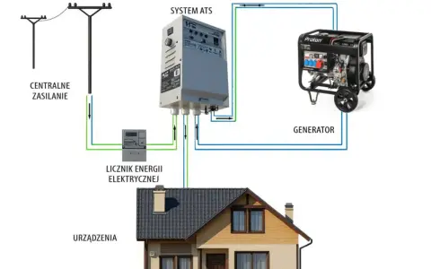 Schemat podłączenia agregatu do sieci domowej: zasilanie centralne, licznik energii, system ATS i generator zapewniają prąd dla urządzeń domowych.