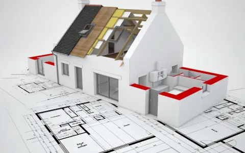 Model domu na planach architektonicznych, ukazujący zmiany istotne prawo budowlane. Izolacja dachu i detale konstrukcyjne.
