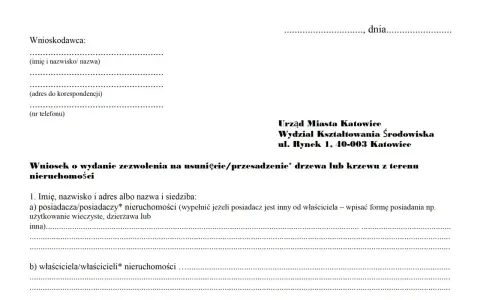 Wniosek o zezwolenie na wycinkę drzew owocowych. Dokument zawiera dane wnioskodawcy i informacje o nieruchomości.
