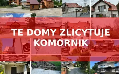 Kolaż zdjęć domów, z napisem "TE DOMY ZLICYTOWUJE KOMORNIK". Okazja dla kupujących!