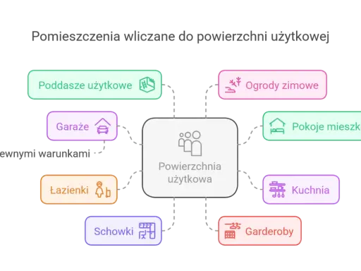 Diagram pokazuje, które pomieszczenia wliczają się do powierzchni użytkowej. Czy garaż wlicza się do powierzchni użytkowej? Tak, pod pewnymi warunkami.
