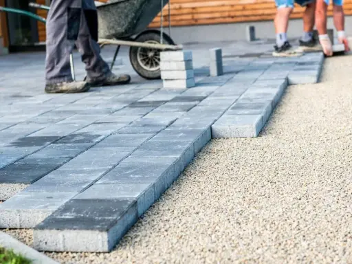Układanie betonowych płyt na żwirze. Pracownicy tworzą nowoczesny taras, gdzie beton zamiast kostki brukowej stanowi estetyczne i trwałe rozwiązanie.