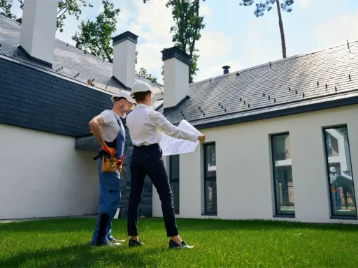 Architekt i budowlaniec omawiają plany domu. Czy można mieszkać w domu bez odbioru? To pytanie, na które odpowiedź znajdą, analizując projekt.