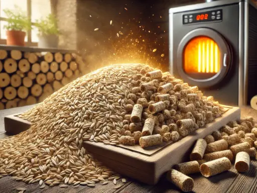 Góra owsa i pelletu obok pieca. Odkryj potencjał wartości opałowej owsa jako ekologicznego paliwa.