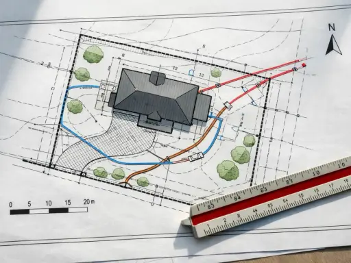 Projekt zagospodarowania terenu z domem, drzewami i zaznaczonymi instalacjami. Skala i linijka wskazują na precyzyjne planowanie.