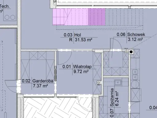 Plan domu z zaznaczonymi pomieszczeniami: hol, garderoba, wiatrołap, spiżarnia, kuchnia, schowek i pomieszczenie techniczne. Całkowita powierzchnia użytkowa domu jest widoczna na planie.