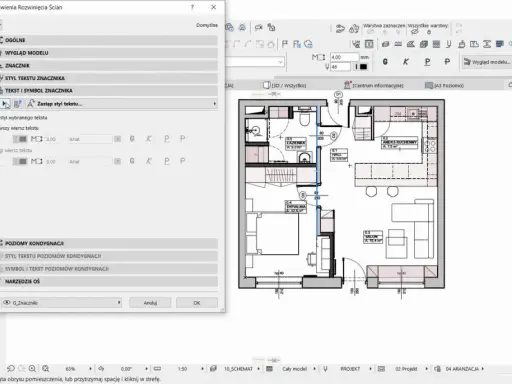 Program do projektowania domu Archicad, z widokiem planu mieszkania i panelami ustawień tekstu i symboli.