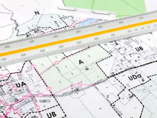 Plan zagospodarowania przestrzennego z naniesionymi strefami i podziałami. Linijka geodezyjna pomaga w precyzyjnym pomiarze.