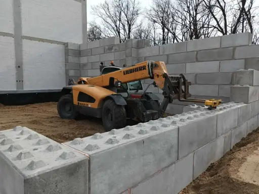 Żółty ładowacz teleskopowy Liebherr pracuje przy budowie muru oporowego z betonowych bloków.