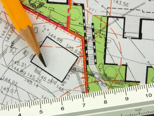 Ołówek i linijka na mapie geodezyjnej. Plan działki z wymiarami, pomocny, jak znaleźć działkę po numerze.