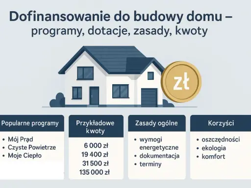 Dofinansowanie do budowy domu: popularne programy, przykładowe kwoty, zasady i korzyści. Złoty symbol sugeruje wsparcie finansowe.