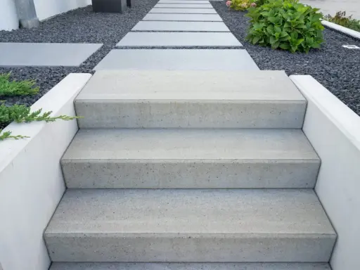 Nowoczesne beton dekoracyjny na schody zewnętrzne, prowadzące przez kamienny ogród.