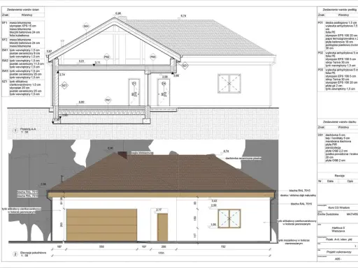 Projekt wykonawczy domu z detalami elewacji i przekrojów. Program do projektowania elewacji pozwala na precyzyjne zaplanowanie warstw ścian i wykończenia.