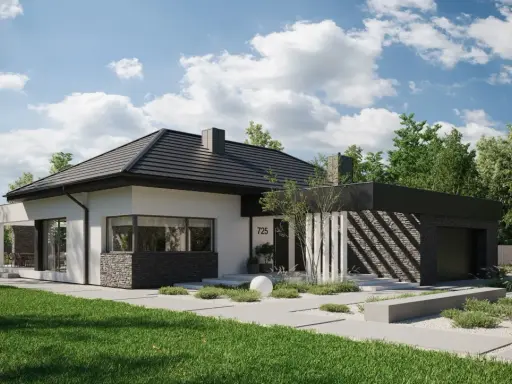 Nowoczesne projekty domów parterowych z poddaszem, z kamienną elewacją i dużymi przeszkleniami, otoczone zielenią.
