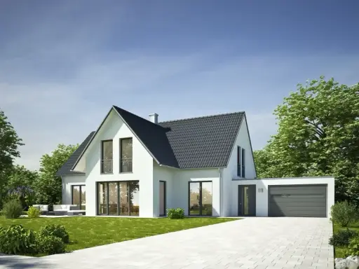 Nowoczesny garaż z częścią mieszkalną, projekt domu z białymi ścianami, dużymi oknami i szarym dachem, otoczony zielenią.