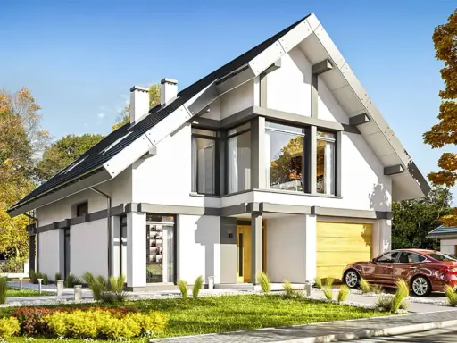 Nowoczesny dom z poddaszem do adaptacji, z dużymi oknami i garażem. Otoczony zielenią i jesiennymi drzewami.