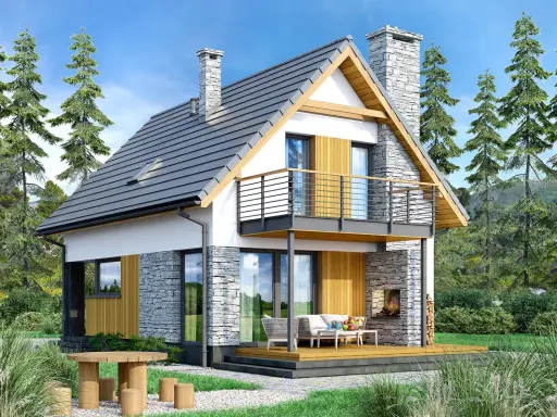 Nowoczesny projekt domu 70m2 z kamiennymi akcentami i drewnianym tarasem. Idealny na wypoczynek wśród zieleni.