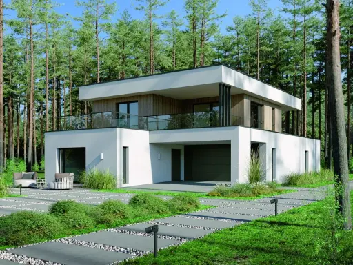 Nowoczesne domki jednorodzinne projekty w otoczeniu lasu. Biała bryła z drewnianymi elementami i przeszklonymi balkonami.
