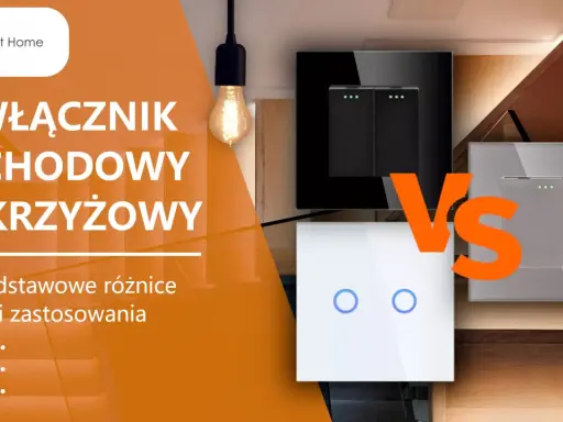 Porównanie łącznika schodowego i krzyżowego. Nowoczesne włączniki światła w eleganckim wnętrzu.
