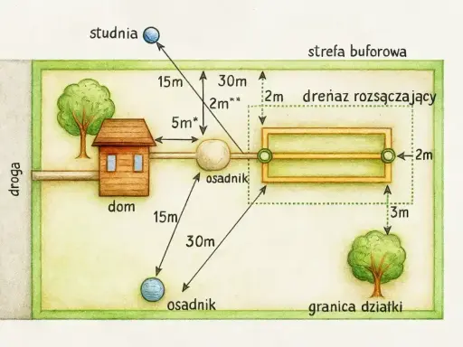 Schemat drenażu działki: dom, studnia, osadnik i drenaż rozsączający z wymiarami.